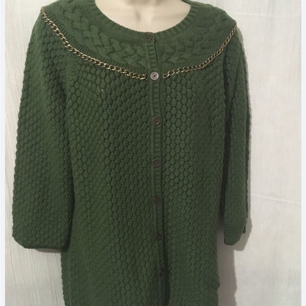 Liz Claiborne Cardigan Green Sweater Chain Accent - Picture 2 of 6